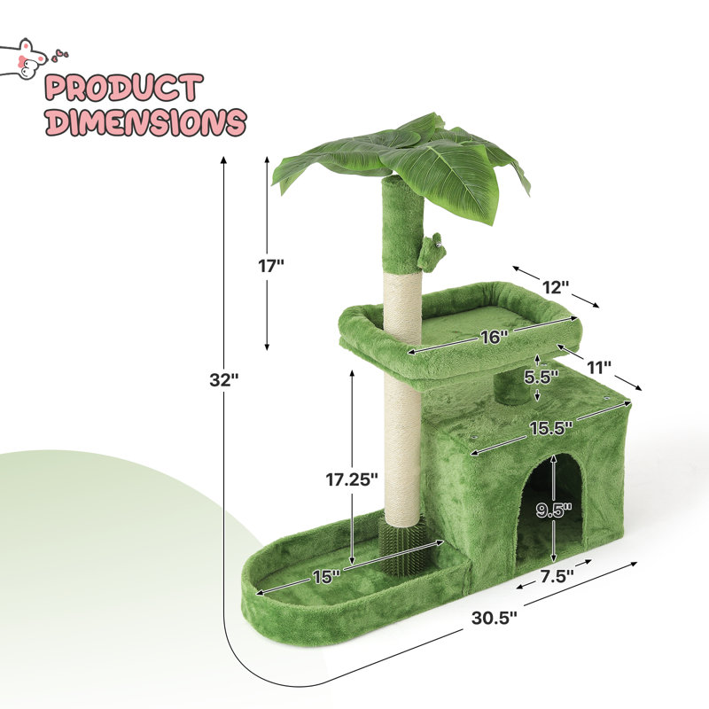 32" Green Cat Tree Tower with Leaf Design and Perch