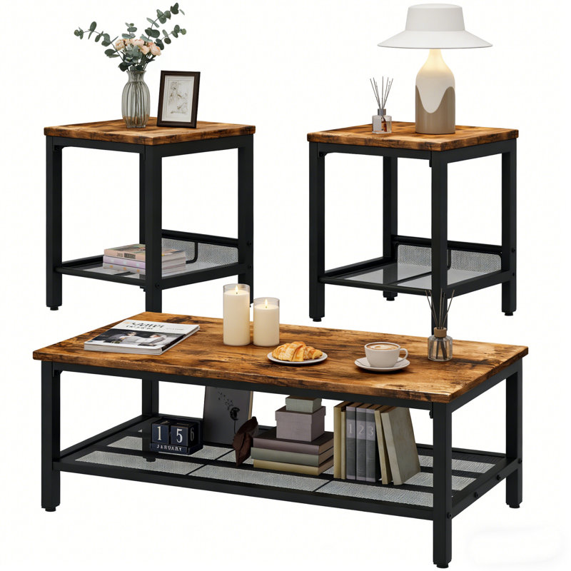 Modern Farmhouse Coffee Table Set Of 3, Rectangular Coffee Table With 2 Square End Side Tables, 2-Tier Living Room Table Set With Metal Frame & Open Shelf For Office, Apartment, Home