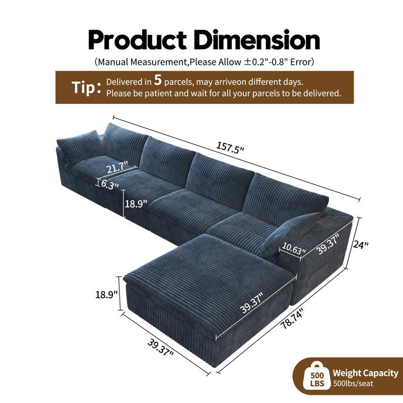 Canapé modulaire Boneless LoveSeat Cloud, canapé en velours côtelé l 78,7 po avec repose-pieds, 3 pièces, aucun assemblage requis
