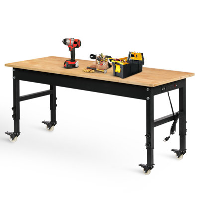 Warre 60'' W Solid Wood Top Height-Adjustable Workbench with Wheels