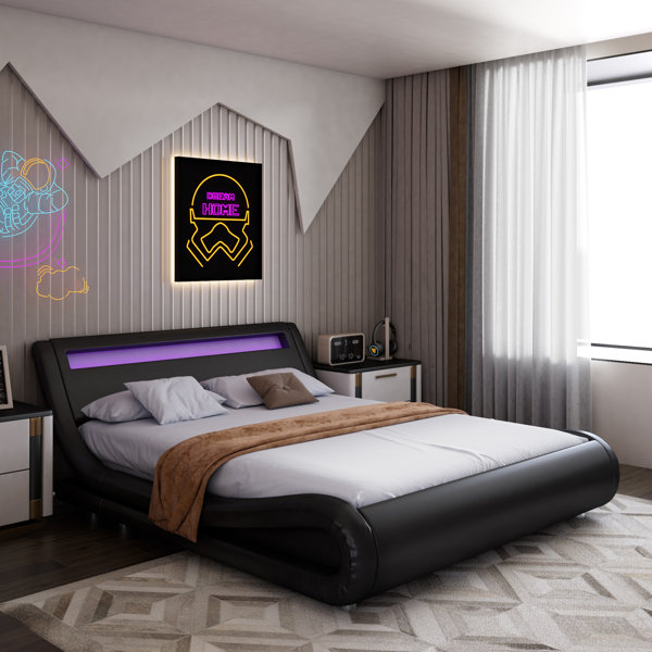 Hasuit King Floating Bed Frame with LED Light, Modern Inspired Platform Bed  King Size, Vegan Leather Upholstered Headboard, No Box Spring Needed