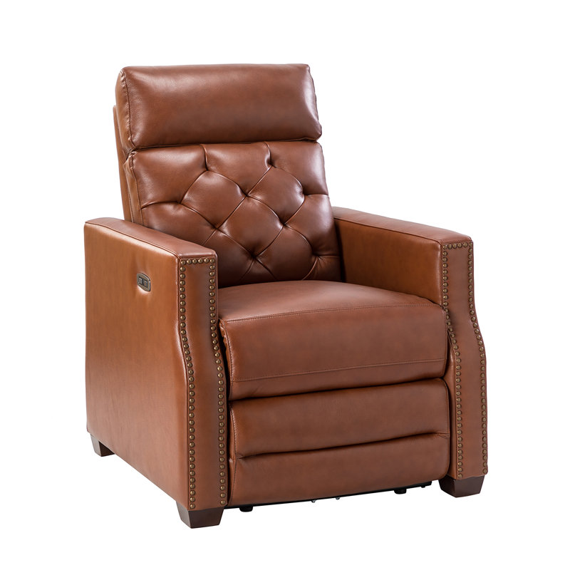 Gumesindo 31.50" Wide Genuine Leather Power Recliner, Brown Genuine Leather
