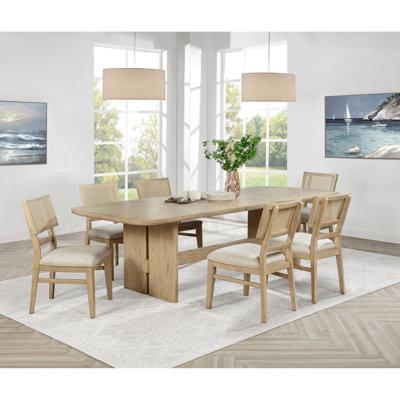 Table de salle à manger rectangulaire en chêne beige avec 6 places assises, rallonge amovible de 45,7 cm, piètement à tréteaux et chaises rembourrées en mousse, dossier en rotin tressé à la main, style côtier pour un style moderne, 18 cm de hauteur, en chêne.