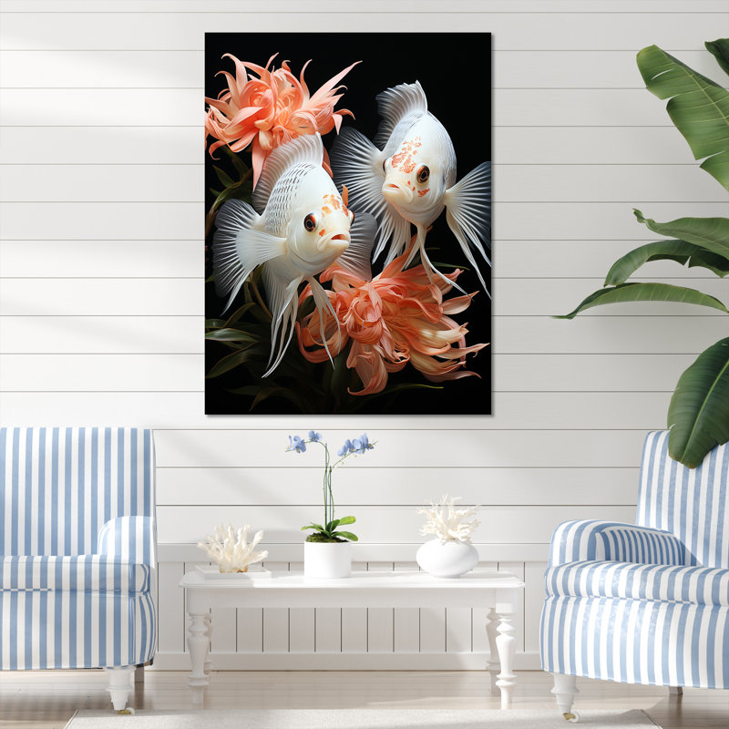 Corail classique, poisson et mouche symphonique - art mural poisson papillon, Toile tendue, H 32 po x l 16 po x P 1 po
