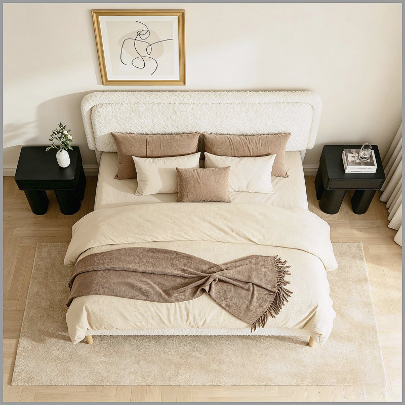 Structure de grand lit, lit plateforme rembourré moelleux avec tête de lit réglable en hauteur, structure robuste et Alats, conception silencieuse, compatible avec les matelas sans ressorts, facile à assembler, beige
