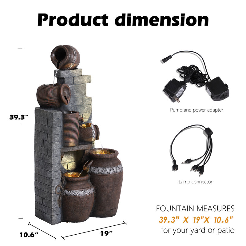 Dacee Outdoor Fountain with Lights, 39.3“ H x 19" W x 10.6" D