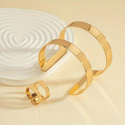 Gold Electroplated Stackable Minimalist Duo, Handmade Iron Bracelet & Ring Set, Hypoallergenic Jewelry for Everyday Elegance & Evening Glamour