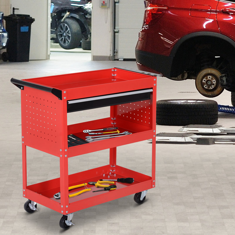 Rolling Tool Cart with Wheels Storage Trays for Garage Warehouse Red
