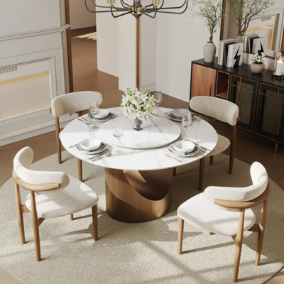Modern Round Dining Table, Sintered Stone Tabletop With Lazy Susan, Carbon Steel Base Pre-Assembly