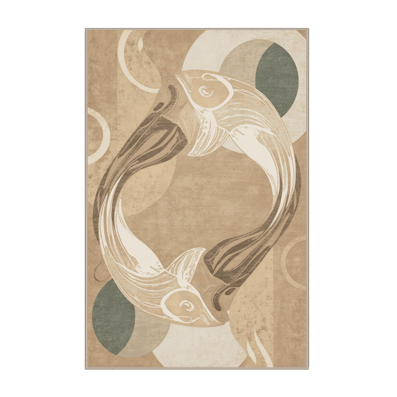 Machine Washable Pantelie Coastal Abstract Rug in Brown – Beige Binding, 7 x 9