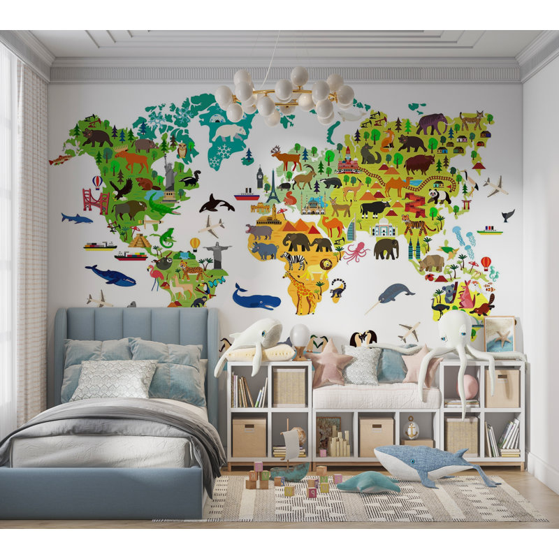 Papier peint de qualité supérieure - carte du monde animal, L 96 po x l 120 po
