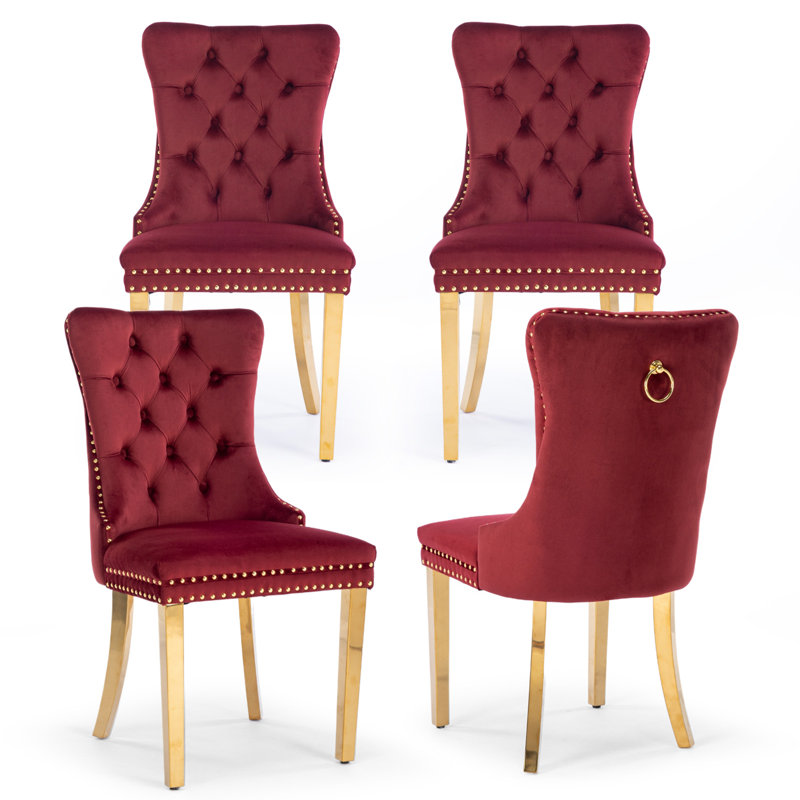 Ensemble de 4 chaises de salle à manger rembourrées en velours avec pieds dorés, rouge, Doré, Rouge