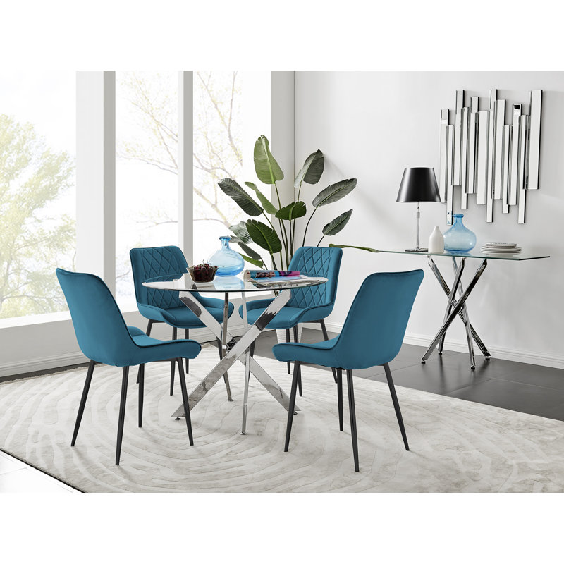 Tierra Modern Metal & Glass Round Dining Table Set with 4 Luxury Velvet Dining Chairs, Blue/Black