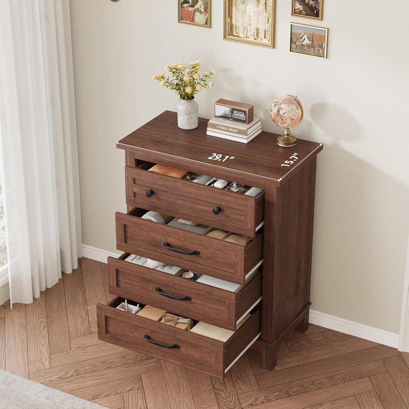 Commode verticale 4 tiroirs 34 pouces, commode de rangement en bois massif pour chambre à coucher, salon, finition noyer