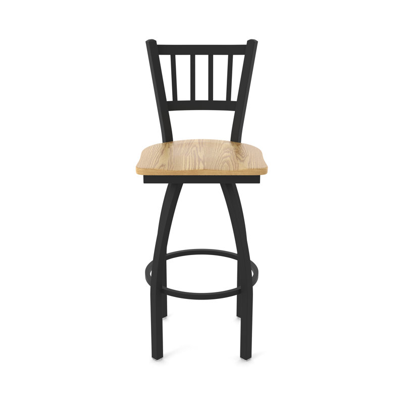 Nicolaie Swivel Counter Stool, Black Wrinkle, Wood-Natural Oak, Bar Stool (30” Seat Height)