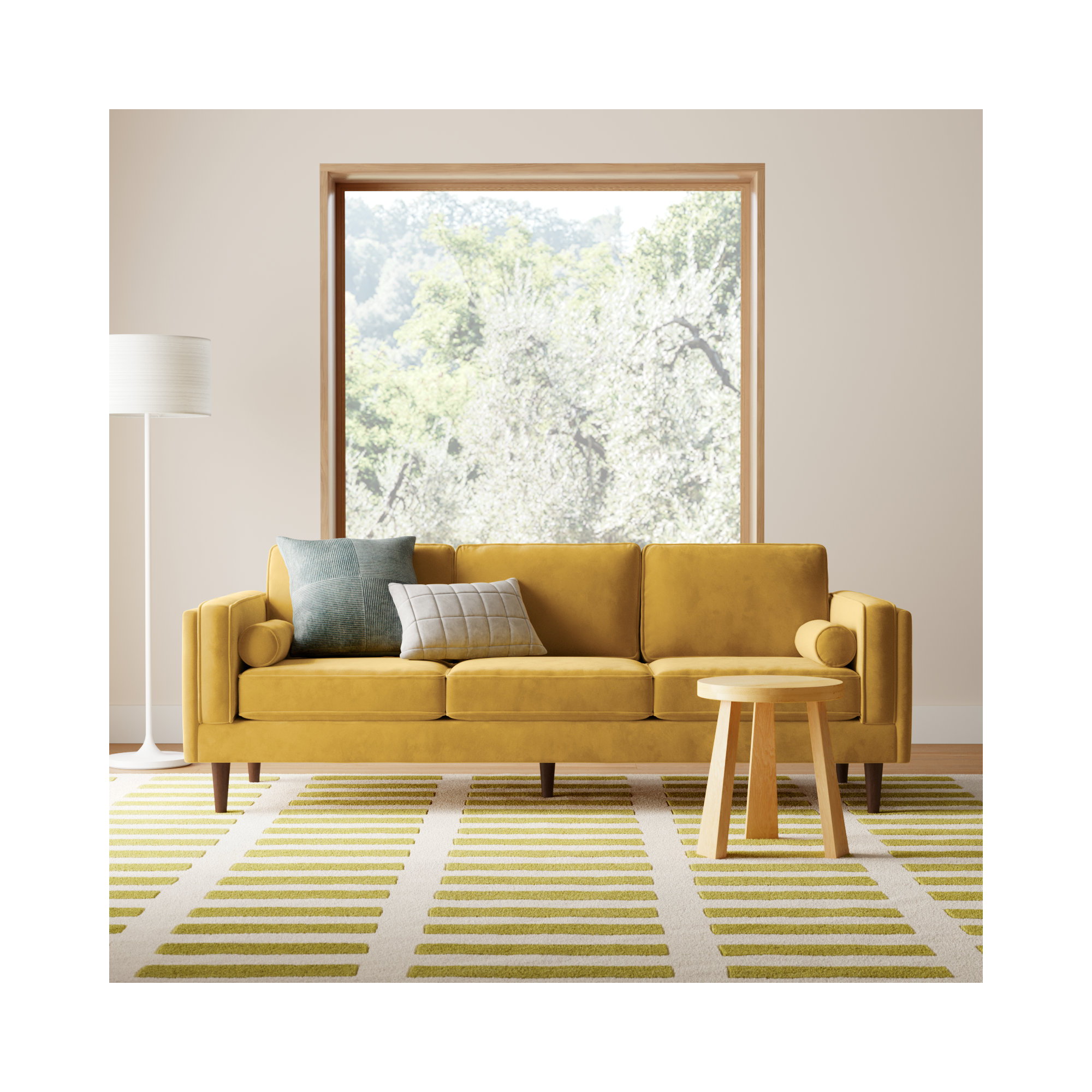 Lindel 86" Velvet Square Arm Sofa with Reversible Cushions, Velvet Gold