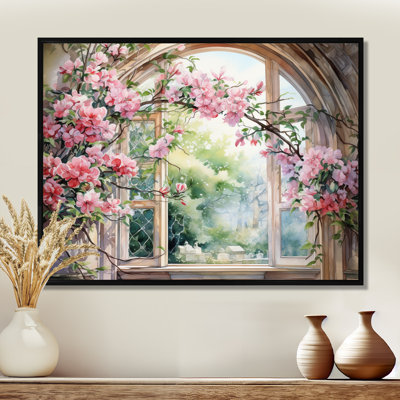 «Pink Blossoming Country Window Gaze IV», art mural fenêtre