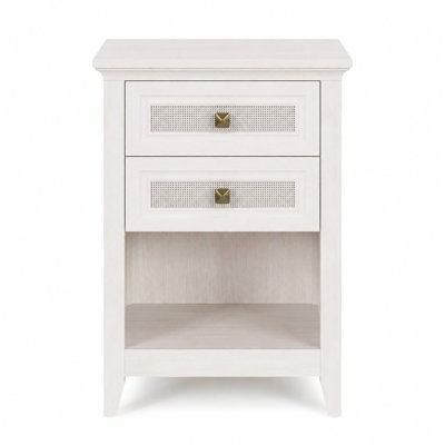 Farmhouse Boho Nightstand with 2 Rattan-Decor Drawers, Open Lower Storage Shelf, Wood-Grain Panels, Bronze Knobs and Anti-Tip Device