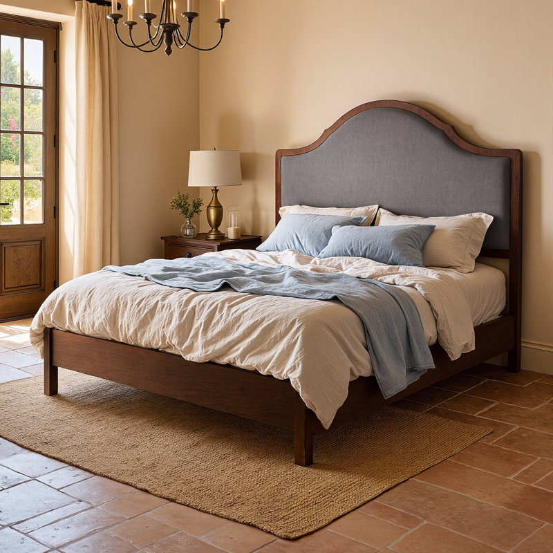 Solid Wood Bed Frame with Upholstered Headboard, Modern Design, No Box Spring Needed, Brown, Full / Double