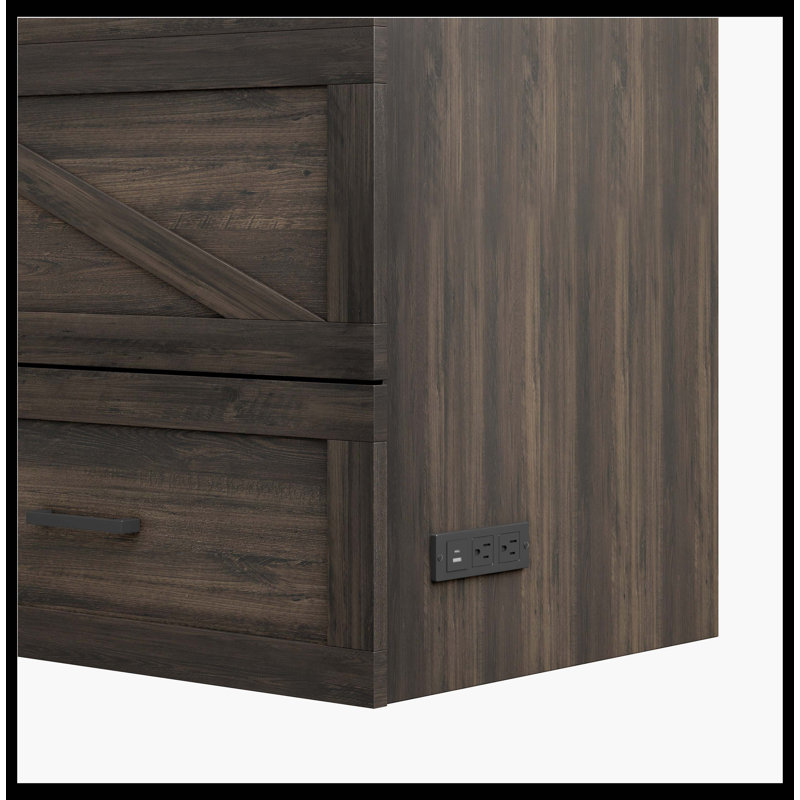 Grand lit escamotable style ferme avec station de charge, lit plateforme pliable avec grand tiroir de rangement pour chambre d'amis, petite chambre, gris rustique