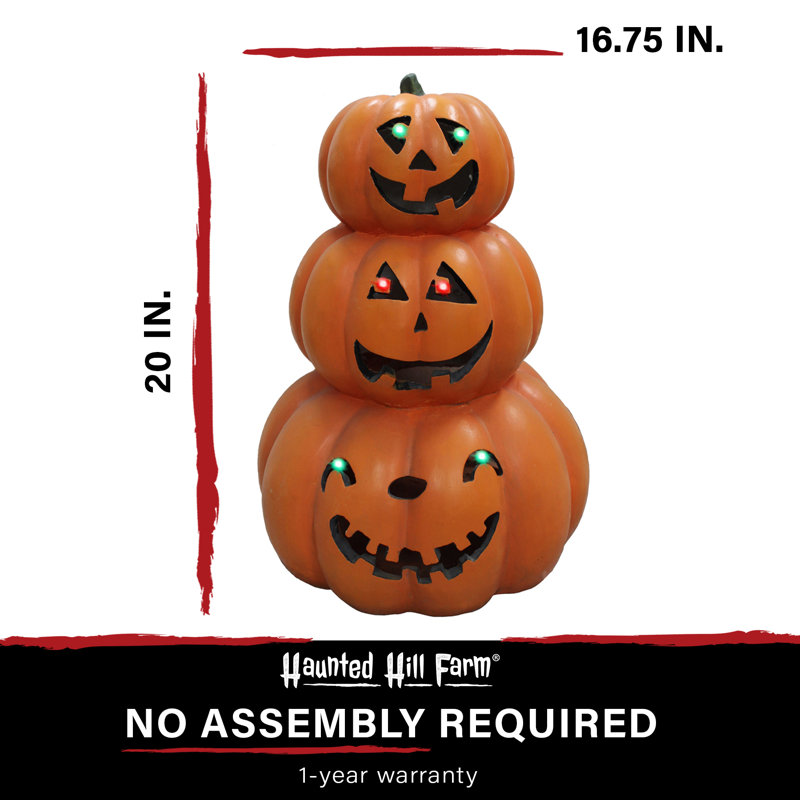 Haunted Hill Farm 20 In. 3-Stack Jack-O-Lantern, Resin Spooky Halloween Decoration with LED Lights
