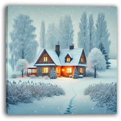 Warm Glow in Winter: Cozy Cabin Wrapped Canvas Art