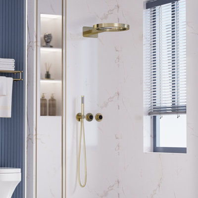 Wall Mounted 3-Function Shower System with Round Ring Rain & Waterfall Ceiling Shower Head, Single Function Handheld Spray, Solid Brass Concealed Shower Faucet Set
