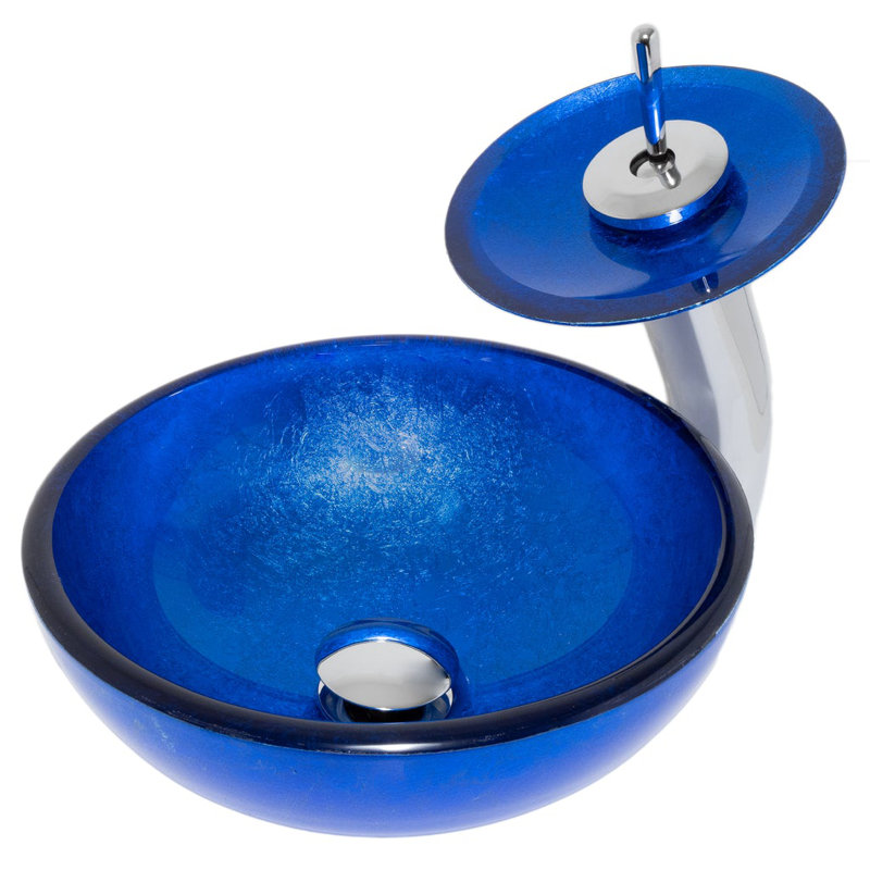 Novatto 12'' Glass Circular Bathroom Sink with Faucet, Blue, Chorme