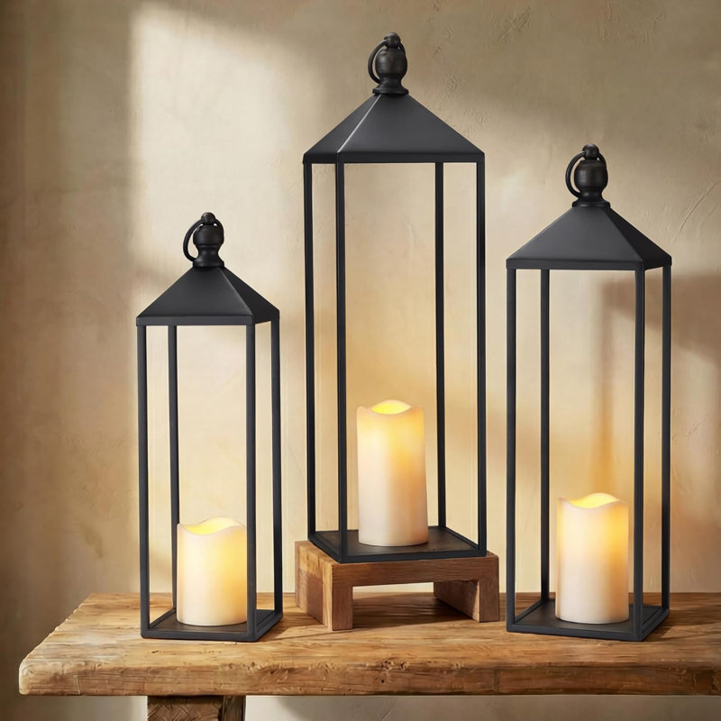 Decorative Lanterns for Indoor & Outdoor, Set of 3 Black Metal Lanterns (22" & 19" & 17") with LED Timer Flameless Candles, Farmhouse Modern Decor for Front Porch, Patio, Garden, Mantle