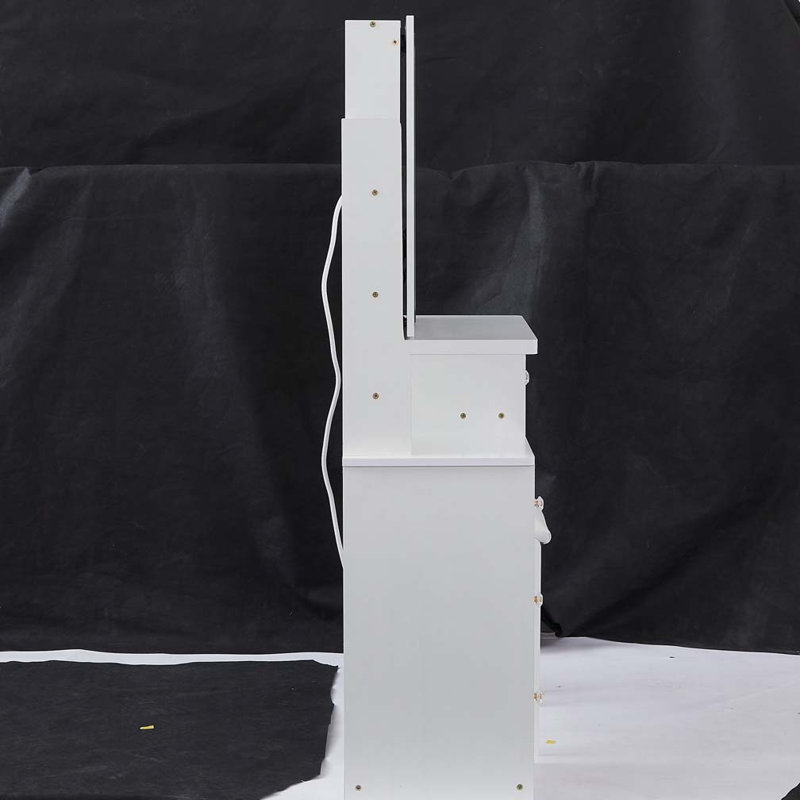Petite coiffeuse 29,2 po avec tabouret de chevet gauche + tabouret rembourré, 2 blocs d'alimentation CA + 2 ports USB, support pour séchoir à cheveux, très grand miroir à DEL coulissant à contrôle tactile, changement de luminosité tricolore, réglage de la luminosité