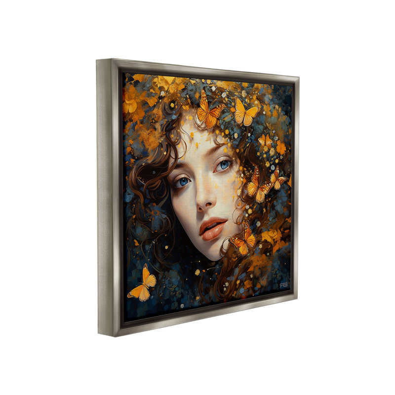 «Woman With Monarch Butterflies Floater Frame» par RB sur toile, Cadre flottant gris lustré, H 25 po x l 25 po