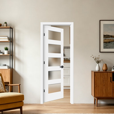 Prehung Pantry Door 5-lite Frosted Tempered Glass Wood And Manufacture Wood White Primed Interior Swing Door