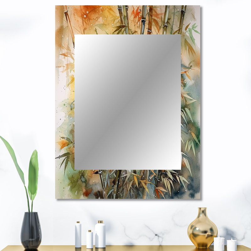 Green Floral Bamboo Bliss I - Floral Wall Mirror, Traditional Decorative Mirror, Printed Metal Art, 40" x 30"