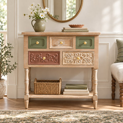Console rétro à 5 tiroirs avec détails floraux en relief et tablette inférieure