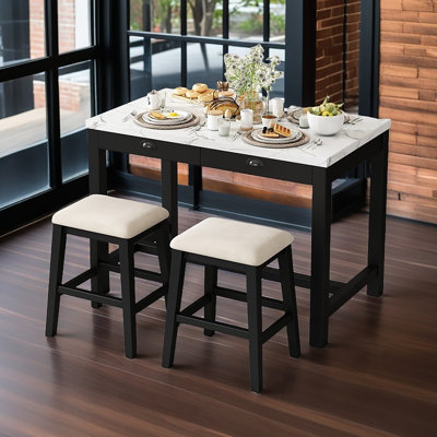 3-Piece Modern Faux Marble Versatile Bar Table Set With Storage Drawers And Padded Stools, Ideal For Space-Saving Dining Nooks Or Small Kitchens