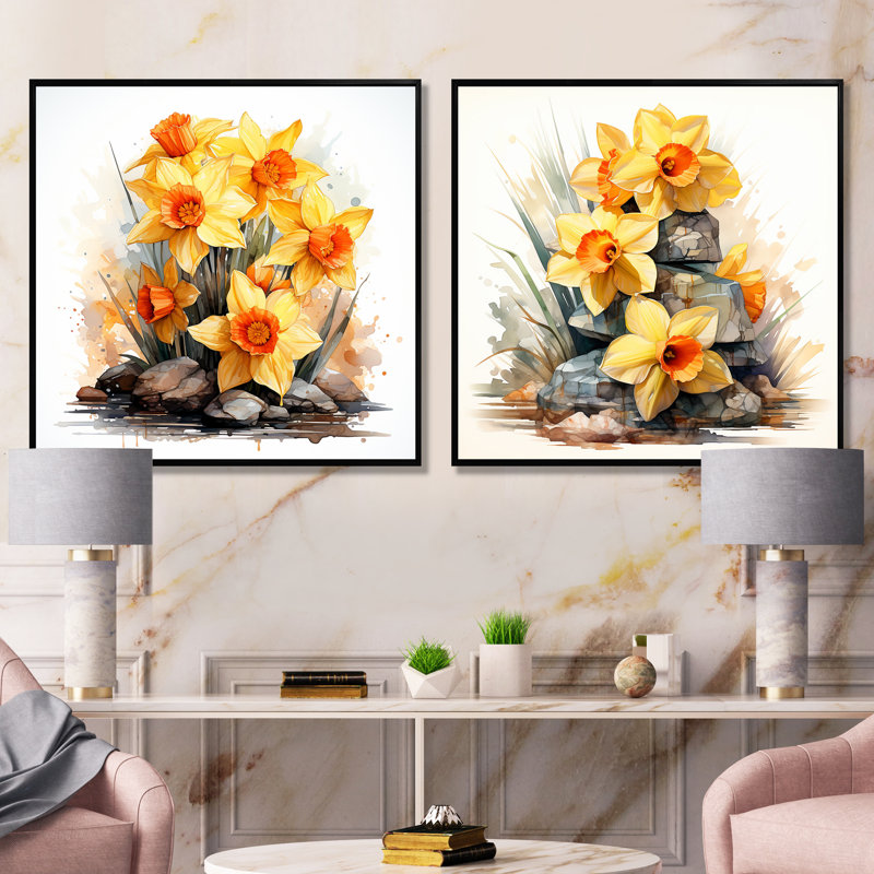 Jaune jonquille Gardn Beauty I - ensemble de 2 décorations murales jonquille, Cadre noir, H 30 po x l 61 po x P 1 po