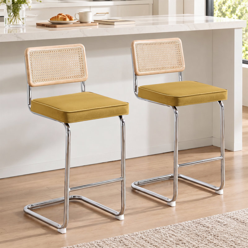 Tabouret de bar 26 po Marlow, 2, Velours jaune moutarde / structure chromée, Hauteur du siège de 26 po