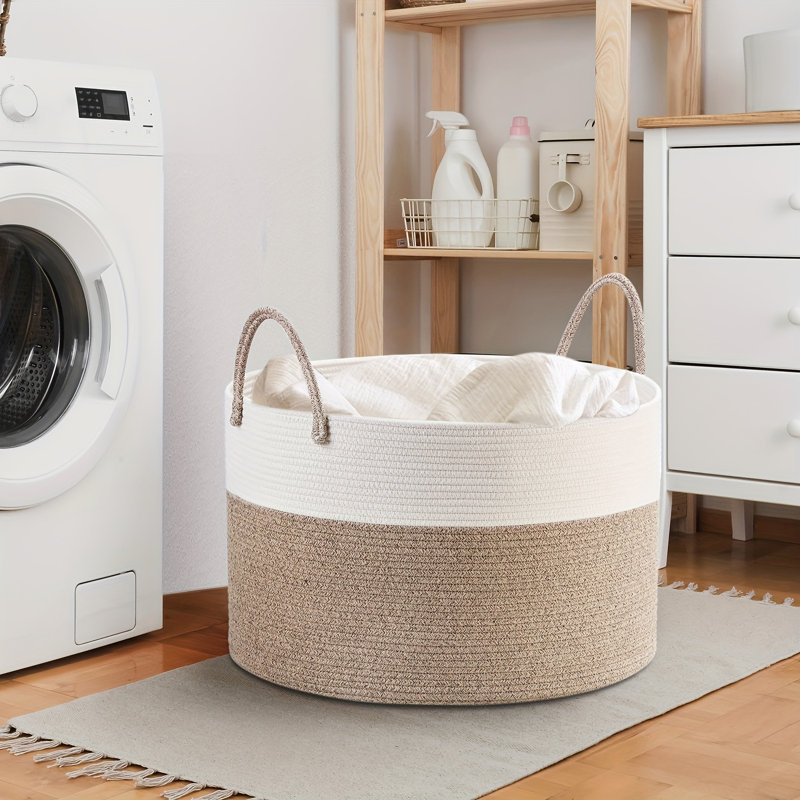 Large Cotton Rope Laundry Basket with Handles for Blankets, Toys and Clothes, Two-Tone