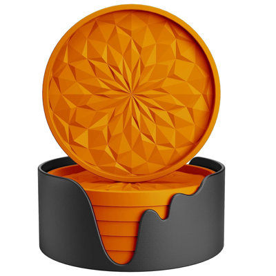 3.9" 6-Pack Orange Silicone Coasters with Holder - Non-Slip Drink Mat