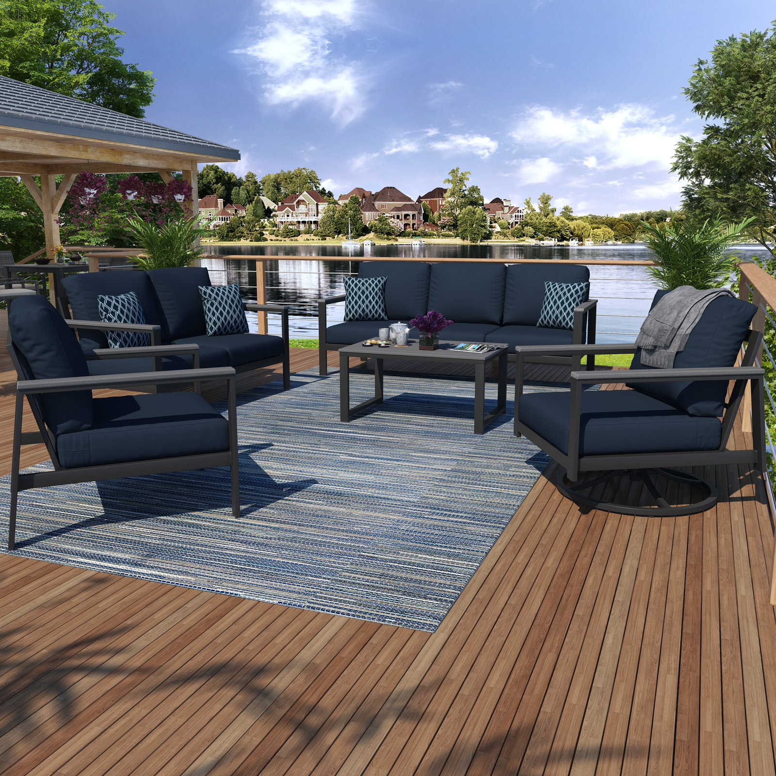Townsend 5 Piece Sofa Seating Group with Sunbrella Cushions, Canvas Navy Sunbrella® Canvas