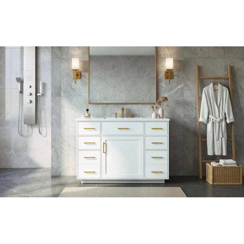 Meuble-lavabo autoportant de 122 cm (48 po) avec comptoir en composite, 7 tiroirs et 1 porte à fermeture amortie, blanc