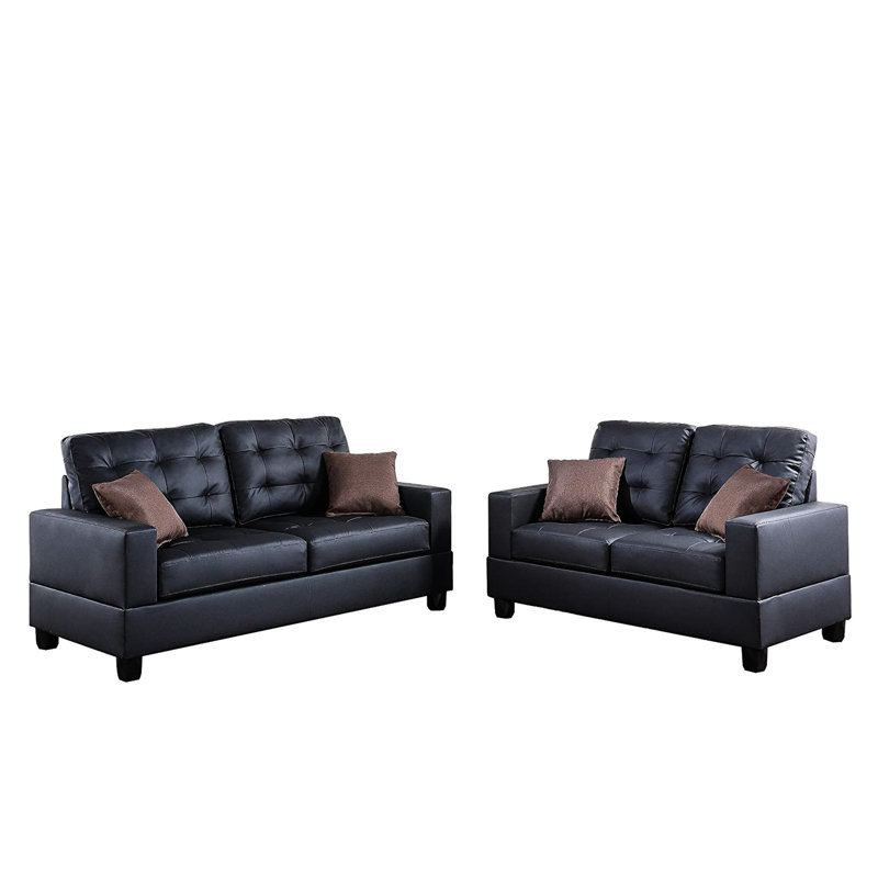 2 pièces en similicuir noir: avec coussins pour le salon Canapé en cuir 2 pièces: coussins à accoudoirs carrés, Noir