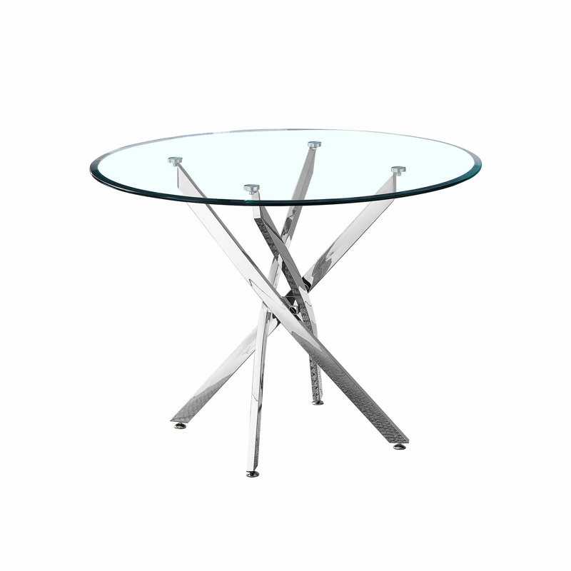 Contemporary Round Clear Tempered Glass Dining Table With Silver Stainless Steel Legs, Transparent/Silver