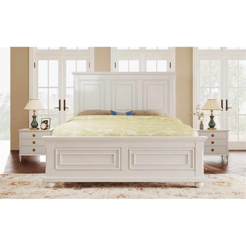 Lit traditionnel traditionnel en bois de pin style champêtre, White, King