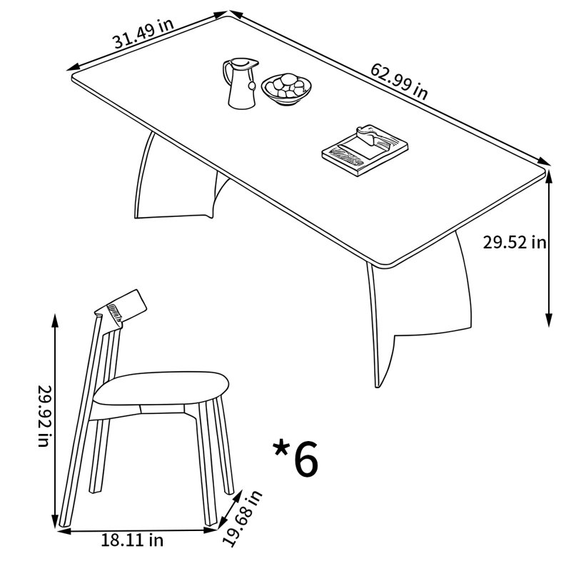 Rectangular rock plate dining table and chair set, 29.52"H x 62.99"L x 31.49"W