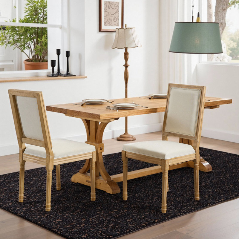 Chaises de salle à manger de style français Louis, chaise d'appoint à structure en bois d'hévéa massif avec dossier carré (ensemble de 2)