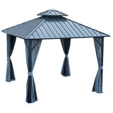 Pavillon de jardin à toit rigide de 12 pi x 12 pi avec double toit en acier galvanisé, structure en aluminium robuste, rideaux et filet pour patio, pelouse et jardin