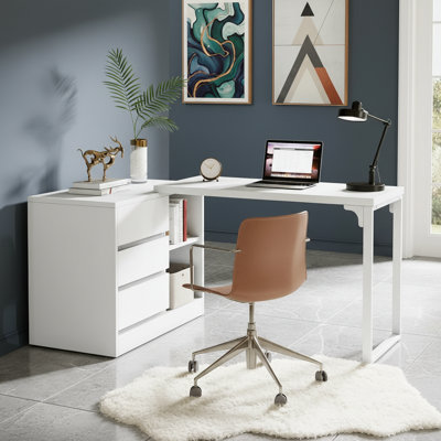Bureau d'ordinateur en L, bureau d'angle réversible avec armoire à tiroirs