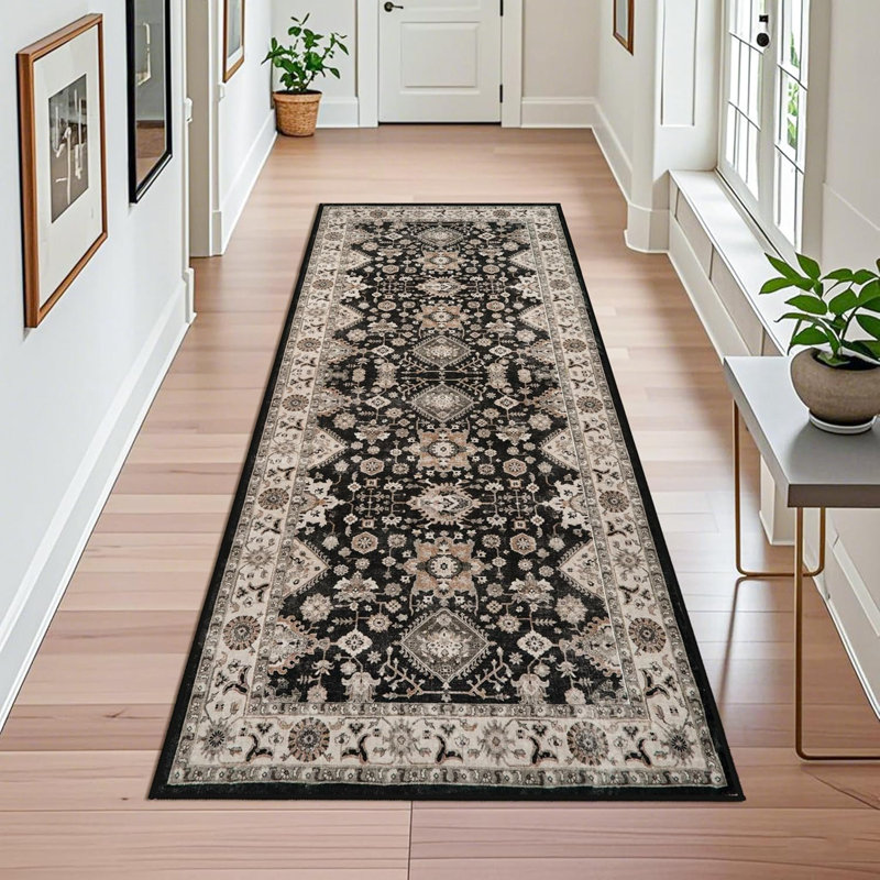 Washable Hallway Rug: Non Slip Rugs with Rubber Backing Soft Kitchen Rug Farmhouse Distressed Carpet Runner for Living Room Bedroom Bathroom (Black)