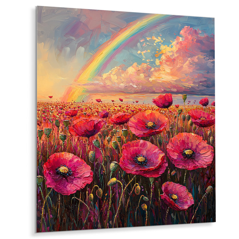 Rainbow Over The Poppy Fields II - art mural arc-en-ciel en métal pour le salon, H 44 po x l 34 po